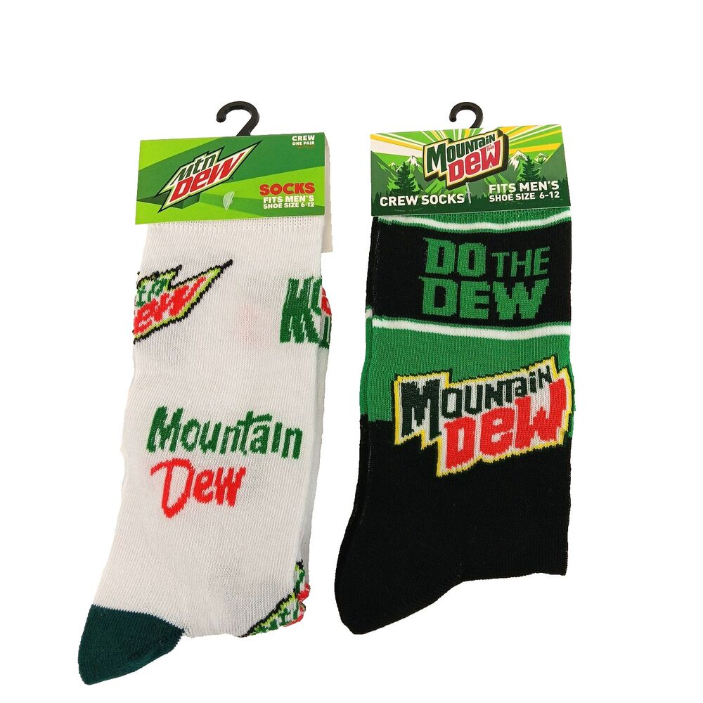 Mountain Dew Soda Drink Novelty 2 Pair Socks Adult Men Crew Size 6-12 NWT